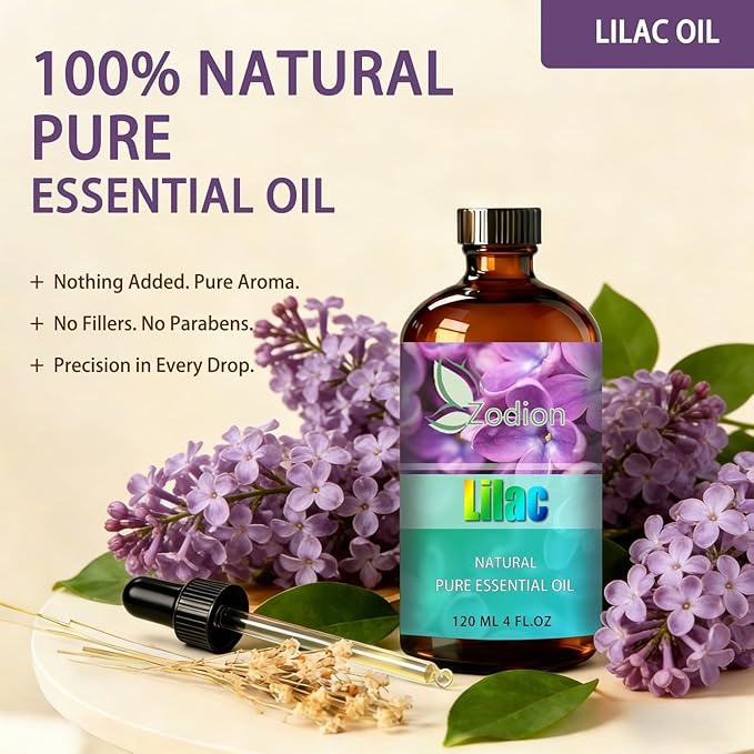 Lilac Essential Oil, 4 fl oz (120ml) - ZODION Fragrance Oil for Diffuser, Massage, Humidifier, DIY Candle, Soap Making, Home, Bath, Yoga