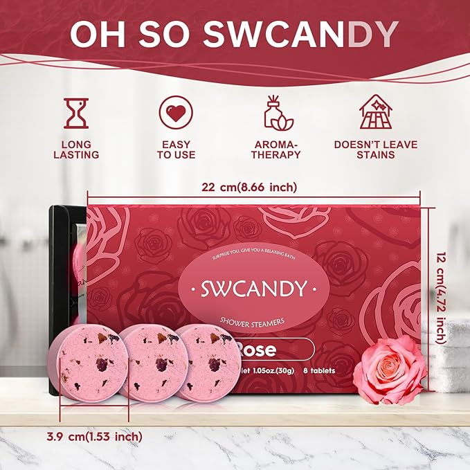SWCANDY Shower Steamers Aromatherapy Birthday Gifts for Women Travel Essentials, 8 Pcs Rose, Bath Bombs Shower Bombs with Natural Essential Oils, Relaxation Home SPA