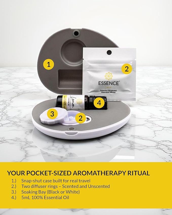 Essence Pearl Travel Case | Lemon Essential Oil | Aromatherapy Nasal Diffuser & Essential Oil Carrying Case | Uplifting Lemon Oil Scent | Travel-Friendly Kit | White Pod