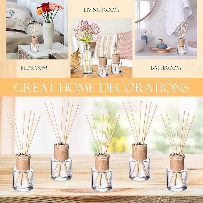 Roshtia 50 Set Reed Diffuser Bottle Empty Refillable Fragrance Glass Diffuser Bottles Set with Wooden Caps Sticks 50ml 1.7 oz Round Glass Jars for DIY Fragrance
