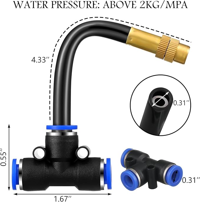 Zonon 10 Pcs Brass Misting Nozzles Tee with 4" Built in Hose for 0.32"/8 mm Tubing 360 Degree Rotation Adjustable Water Mister Nozzle Thread Sprayer Misting Part Accessories for Patio Outdoor Cooling