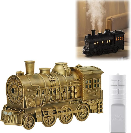 300ML Vintage Train Diffuser, Cool Mist Humidifier with Dual Modes, LED Light, Auto Shut-Off for Bedroom Office (Gold, with Remote Control)