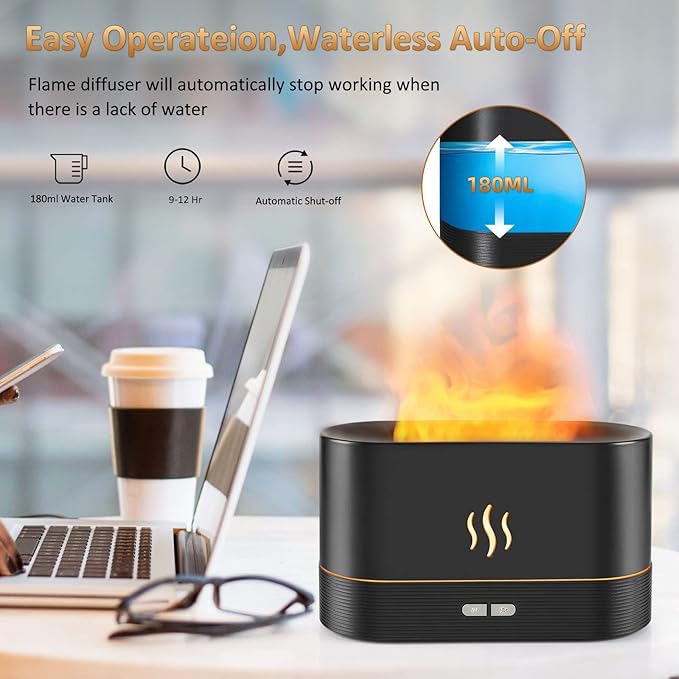 Flame Diffuser Humidifier-Auto Off 180ml Essential Oil Diffuser-2 Modes Brightness Aroma Humidifier with Fire Flame Effect for Home,Office,Spa,Gym(White)…