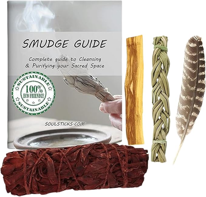 Ancient VEDA Organic Smudge Kit – Dragon's Blood, Palo Santo, Sweetgrass Braid, Feather & Smudge Guide | Home Cleansing Kit for Meditation, Yoga, Energy Healing (Starter Kit, Dragon's Blood Sage)