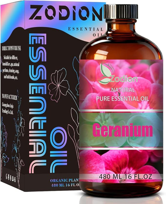 Geranium Essential Oil, 16 fl oz (480ml) - ZODION Geranium Fragrance Oil for Diffuser, Massage, Humidifier, DIY Candle, Soap Making, Home, Bath, Yoga