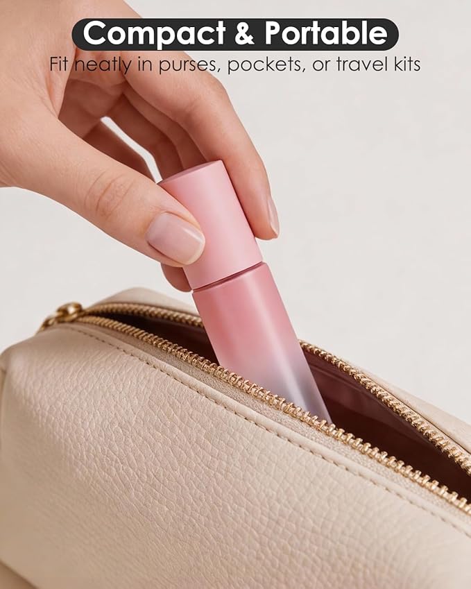 Worldgsb 4 Pack Essential Oil Roller Bottles, 10ml Refillable Glass Roller Bottles with Stainless Steel Roller Balls and Caps for Travel, Perfume and Lip Gloss Pink Gradient