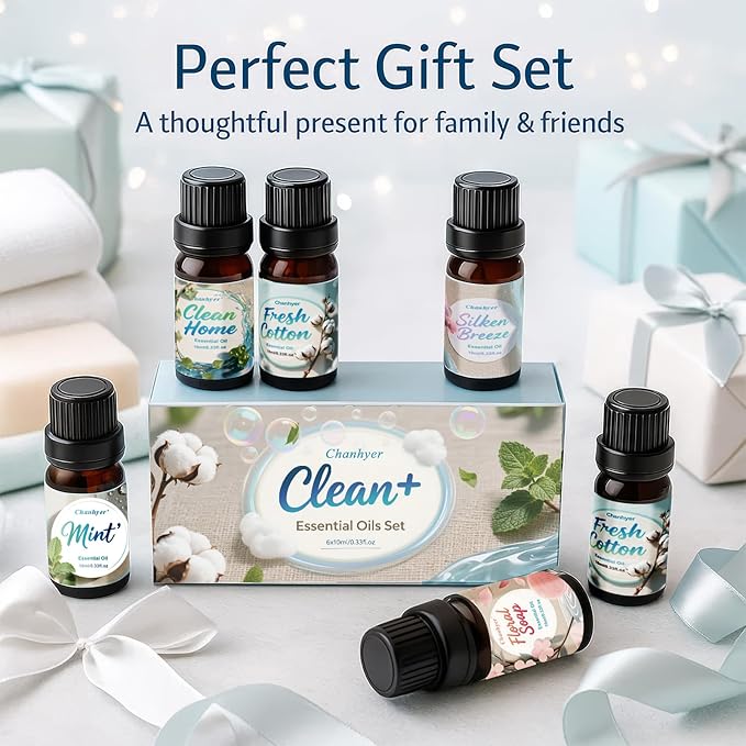 Clean Essential Oils Set 6 x 10ml–Fresh Linen, Mint,Clean Home,Silken Breeze, Fresh Cotton, Floral Soap for Diffuser, Home Fragrance