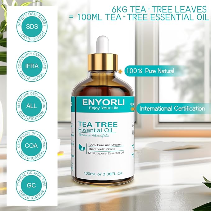 Tea Tree Essential Oil 3.38 fl oz (100ml), Natural Oil for Diffuser, Hair & Scalp Care, Skin Moisturizing, Nail Care & DIY Use, Daily Care for Women and Men