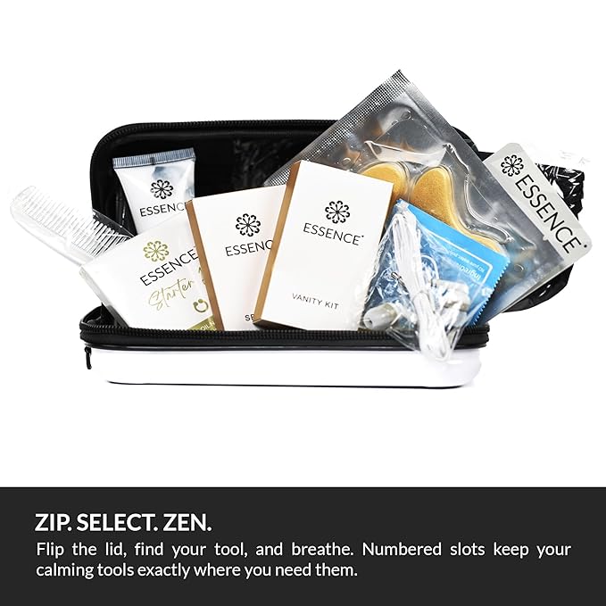 Essence Travel Amenity Kit | Travel Essentials & Travel Size Toiletries Kit | 5-Pack Nasal Diffuser Rings, Sleep Mask, Lotion & Hygiene Kit | Travel Toiletry Kit for Women | Rose Case