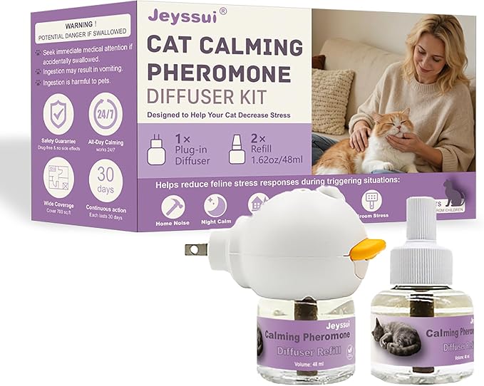 Cat Calming Pheromone Diffuser Kit, Cat Pheromones Calming Diffuser with 2 Refills, Calming Cat Diffuser for Anxiety Relief, for Home Noise, Alone Anxiety & Groom Stress, 30 Days Per Vial