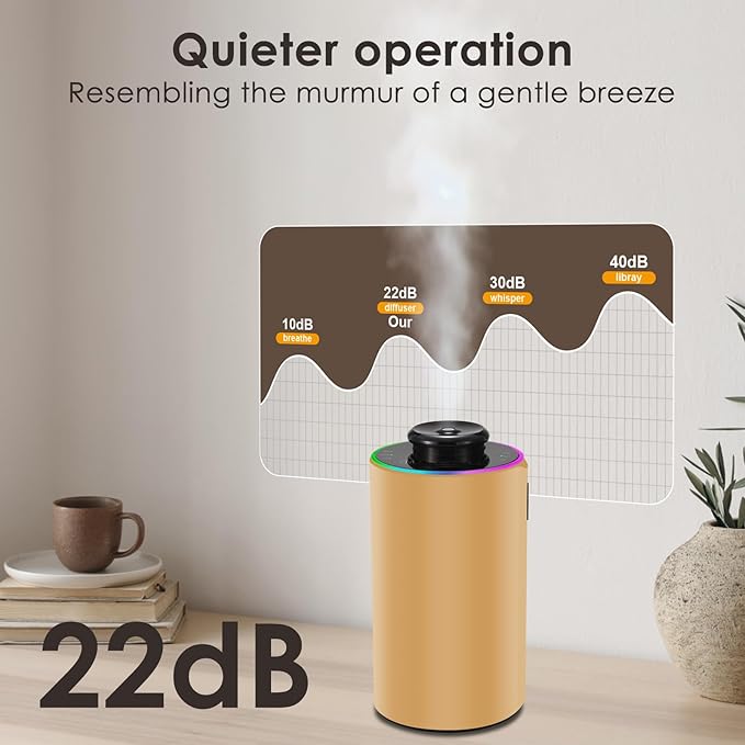 Waterless Essential Oil Diffuser with 8 Color LED Night Light, 3 Mist Levels & Timers, Portable Rechargeable Aromatherapy Diffuser for Home Car Room Studio Office, Metal (Gold)