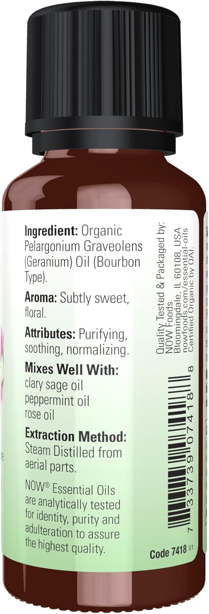 NOW Essential Oils, Geranium Oil, Certified Organic, Soothing Aromatherapy Scent, Steam Distilled, 100% Pure, Child Resistant Cap, 1-Ounce