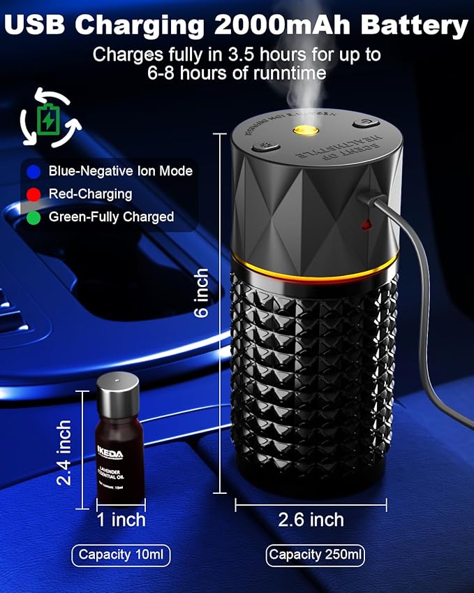 Smart Car Air Freshener | Negative Ion Car Aroma Diffuser | Car Air Freshener Diffuser with 3 Switchable Modes | Car Diffuser Auto Power-Off When Waterless | Glass Diffuser for Car, by Ikeda (Black)
