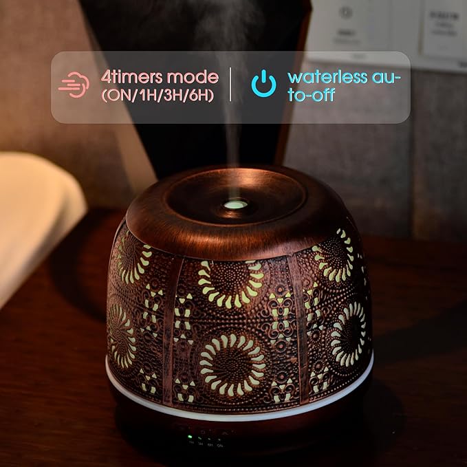 Large Essential Oil Aromatherapy Diffuser for Home Bedroom Metal Hollow Decorative Room Ultrasonic Air Scent Mist Aroma Diffuser 500ML Defusers -Red Copper