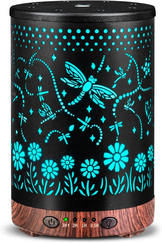 Essential Oil Diffuser 120ML Metal Aromatherapy Diffuser with Timer, Cool Mist Humidifier with Auto Shut-Off & 7 Color Lights for Home Office Spa (Dragonfly)