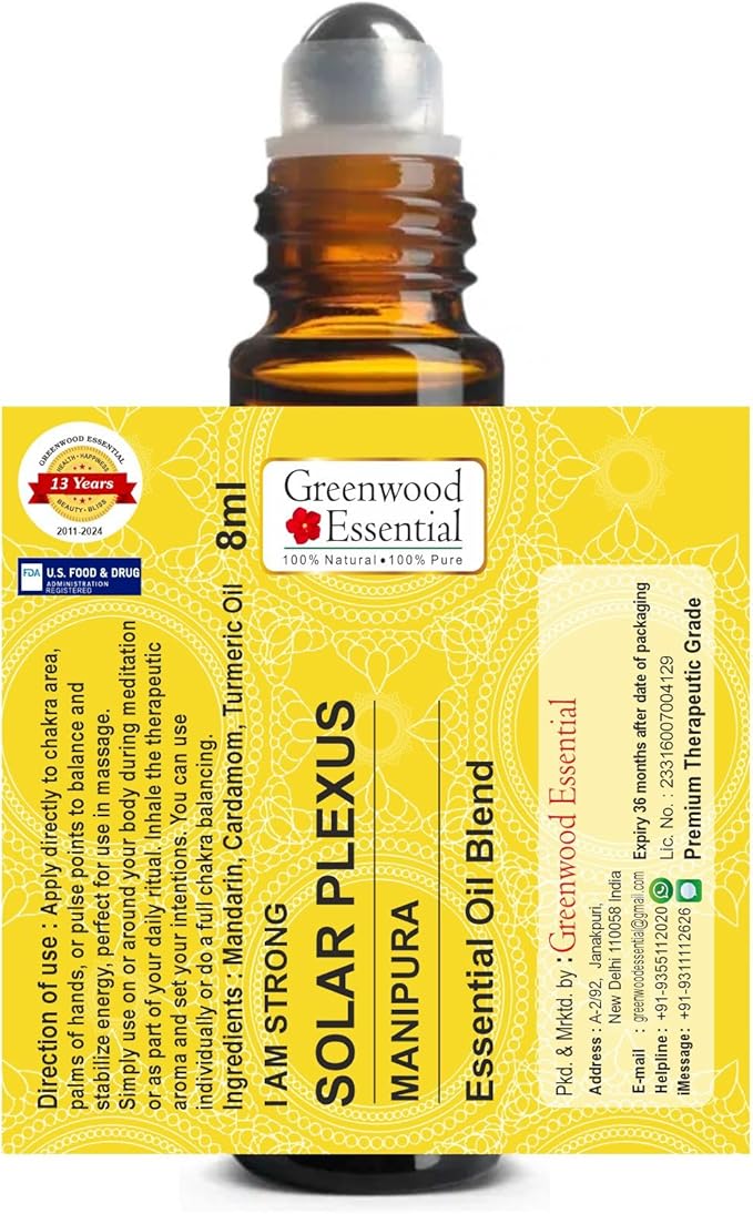 Greenwood Essential Solar Chakra (Manipura) Oil - Ideal for Meditation, Purification, Yoga, Chakra Alignment, Relaxation, Healing & Rituals, 8ml (0.27 oz)