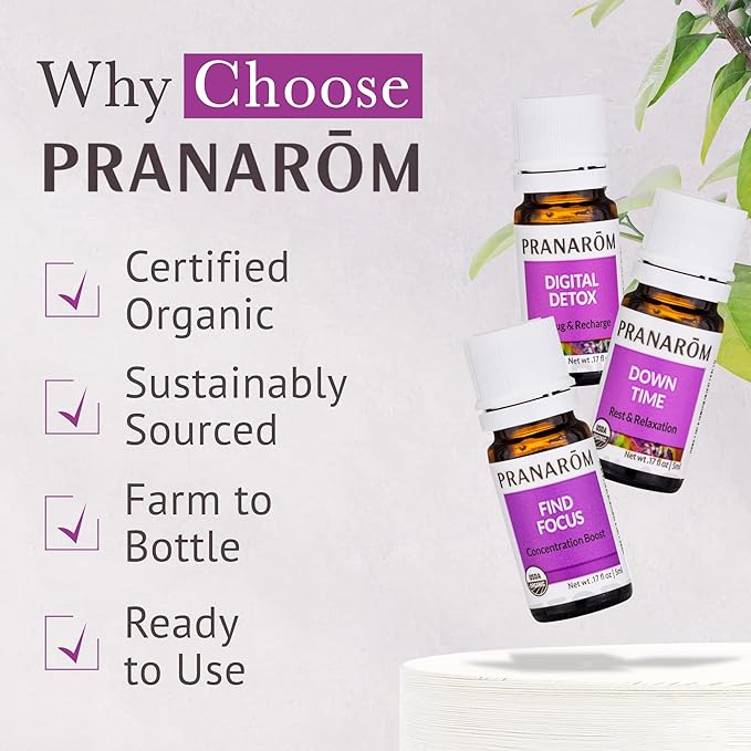 Pranarom - Unplug Wellness Essential Oil Kit (3-Pack of 5ml) - Digital Detox, Down Time, and Find & Focus Essential Oils - 100% Pure Essential Oil | USDA and ECOCERT Certified Organic