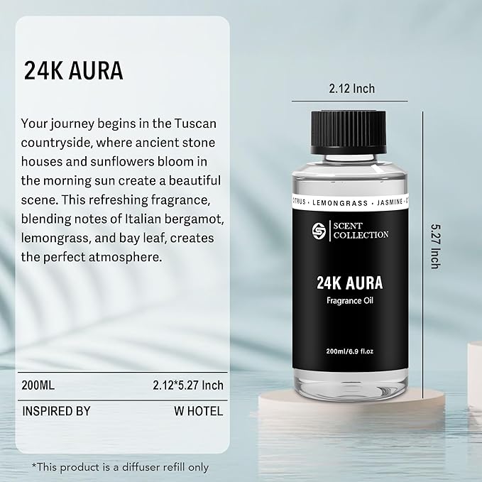 Luxury Hotel Scent 24K Aura 200ml/6.76Fl oz Diffuser Oil Waterless Essential Aromatherapy for Cold Air & Car Diffusers – Long Lasting Refill for Large Room & Home - Signature Lemongrass