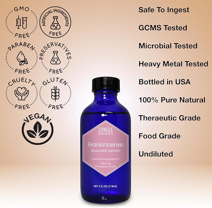 Frankincense Essential Oil, Food Grade, for Face, Dark Circles – 100% Pure, Frankincense, Resin, Oil, Boswellia Serrata, Edible, by Zongle Therapeutics, 4 OZ