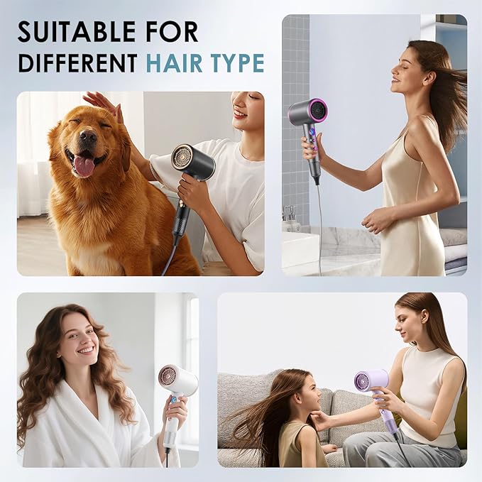 Hair Dryer, Professional Ionic Hair Dryer, Powerful 2200W Fast Drying Low Noise Blow Dryer with 2 Concentrator Nozzle 1 Diffuser Attachments for Women and Men (Gray)
