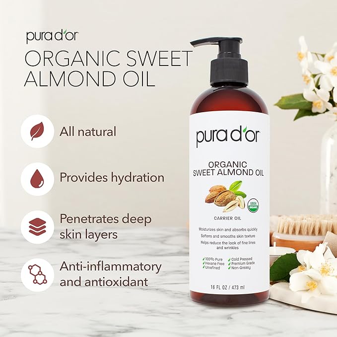 PURA D'OR ORGANIC Sweet Almond Oil (16 Oz) 100% Pure & Natural USDA Certified Cold Pressed Carrier Oil For DIY Beauty - Non-Greasy, Unscented, Hexane Free Moisturizer - For Hair & Skin | ORGANIC, 100% Pure, Natural, USDA Certified, Cold Pressed, Carrie...