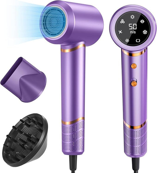 Hair Dryer Negative Ionic Blow Dryer for Fast Drying,Low Noise,Thermo Control Hair Dryer 2 Speed and 3 Heat Settings,Cold Air Button with 1 Diffuser 110000 RPM High Speed Brushless Motor (Purple)