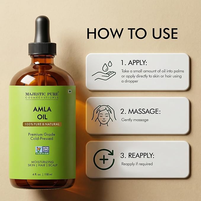Majestic Pure Amla Oil 4oz (118ml) Premium Carrier Oil with Dropper for Hair Care, Hair Oiling, Scalp Massage, & Skin Care