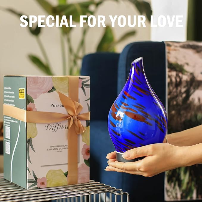 Porseme Essential Oil Diffuser Hand-Blown Glass Aroma Diffusor, Aromatherapy Unltrasonic Cool Mist deffuser, 7 Color Changing, Waterless Shut-Off, Timer Function for Home Office(150ml, Cobalt Blue)