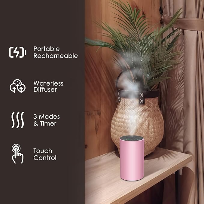 Waterless Essential Oil Diffuser, 7 Colors LED Light, Battery Powered Mini Scent Air Machine, Aromatherapy Mist Diffuser for Home Room Car Office，Black Aluminum Alloy (Pink)