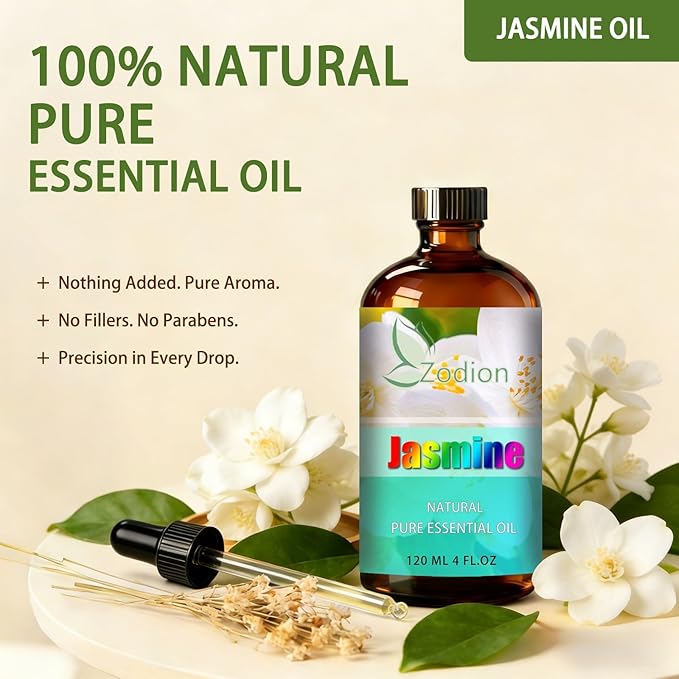 Jasmine Essential Oil 4 fl oz (120ml) - ZODION Jasmine Fragrance Oil for Diffuser, Massage, Humidifier, DIY Candle, Soap Making, Home, Bath, Yoga