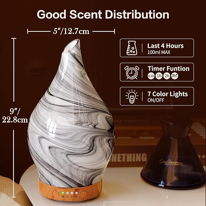 Porseme Essential Oil Diffuser Hand-Blown Glass Aroma Diffusor, Aromatherapy Unltrasonic Cool Mist deffuser, 7 Color Changing, Waterless Shut-Off, Timer Function for Home Office(150ml, Ink)