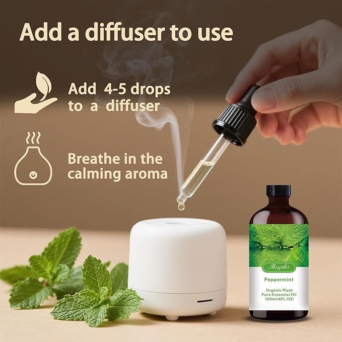 Peppermint Essential Oil – MLYNKL Peppermint Oils 4.33 fl oz for Diffusers, Humidifiers, Massage, DIY Candles, Soap, Cleaning, Home, Yoga, Office, Gifts - 130 ml