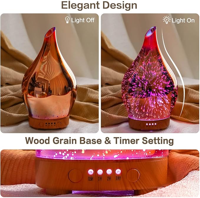 Porseme Essential Oil Diffuser Hand-Blown Glass Aroma Diffusor, Aromatherapy Unltrasonic Cool Mist deffuser, 7 Color Changing, Waterless Shut-Off, Timer Function for Home Office(150ml, Rose Gold)
