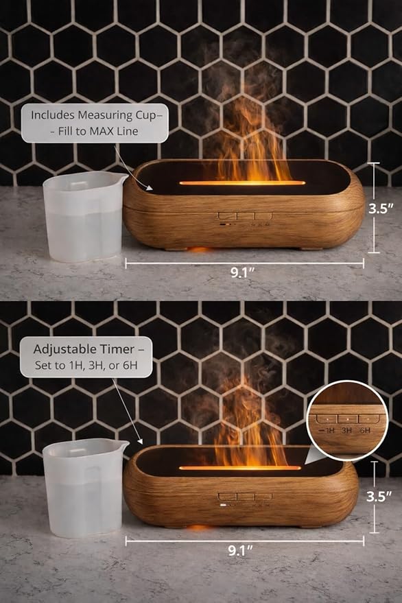 AquaAura Flame Effect Diffuser, 160ml Essential Oil Diffuser with Realistic Flame Mist, 7 LED Colors, Timer & Auto Shut-Off for Bedroom, Home, Office