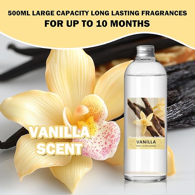 SCENTORINI Reed Diffuser Oil Refill, 16.9oz Natural Vanilla Scented Essential Oil with 6 Sticks, Long Lasting Home Fragrance for Large Space, Bathroom, Spa Room Aromatherapy, Hotel & Office Decor