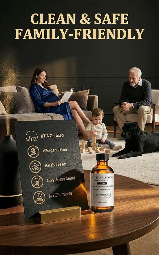Hotel Diffuser Oil Inspired by Baccarat NYC – Fragrance & Essential Oil Blend for Waterless & Cold Air Diffusers – Bergamot, Mint, Cedarwood – Long-Lasting Aroma – Aromatherapy – 4 Fl Oz Glass Bottle