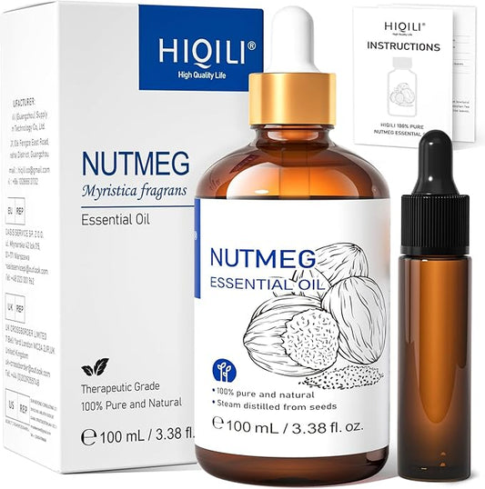 HIQILI Nutmeg Essential Oil 3.38 Fl Oz, Pure Natural Nutmeg Oil for Aromatherapy, Diffuser - 100ml