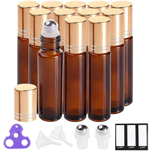 PrettyCare 12 Pack, 10 ml Essential Oil Roller Bottles with Stainless Steel Roller Ball - Refillable Leak-proof Empty Thick Amber Glass Roll on Bottles with Metal Caps for Travel, Perfume