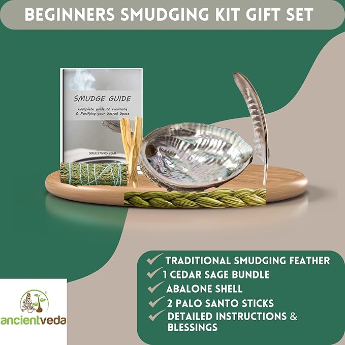 Ancient VEDA Organic Smudge Kit – Cedar Sage, Palo Santo, Sweetgrass, Abalone Shell, Feather & Smudge Guide | Smudging Kit for Home Energy Cleansing, Meditation, Reiki (Healer's Kit, Cedar Sage)