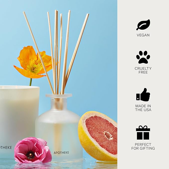 Apotheke Luxury Scented Reed Diffuser for Home, Sea Salt Grapefruit - 6.7 Fl Oz Essential Oil Aromatherapy - 10 Rattan Scent Sticks Room Diffuser - Long-Lasting Fragrance for Bedroom, Home, Bathroom