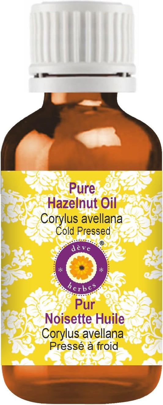 Deve Herbes Hazelnut Oil (Corylus avellana) | Cold Pressed | Pure | Natural | Undiluted | For Diluting Essential oils | For Skin & Massage | Non-Sticky | Lightweight | Men & Women | 15ml (0.50 oz)