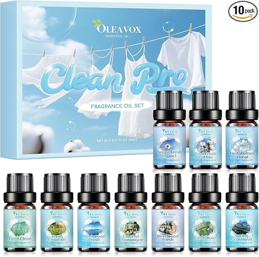 Clean Fragrance Oils Set,Gifts for Mom,10 Premium Essential Oils Set for Diffuser, Soap & Candle Making, Dryer Ball,Home Fragrance,Fresh Cotton, Fresh Clean Air, April Clean and More 10x5ml Scent Oil