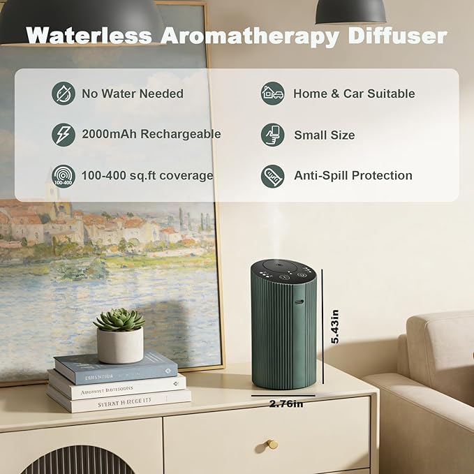 Waterless Essential Oil Diffuser with 4 Timer (1/3/6H & Off) & 3 Mist(L/M/H), Air Scent Diffuser for Home Car Office, Rechargeable Aromatherapy Diffuser, Portable Mini Aroma Diffuser, Dark Green