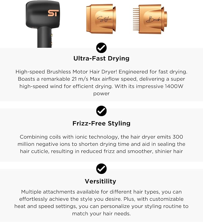 Supreme Trimmer Hair Dryer Negative Ion 110,000 RPM | Fast Drying & Low Noise Blow Dryer 1400W Brushless Motor | Magnetic Attachments, 3 Heat & 3 Speed Settings + Cool Shot | SHD347 Black