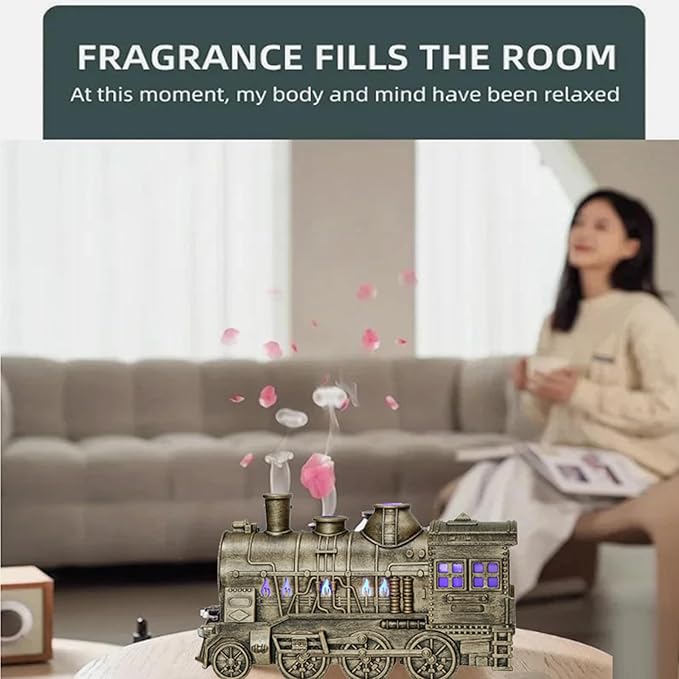 Retro Train Essential Oil Diffuser Humidifier 300ML - Steam Engine Cool Mist Humidifier with Dual Mist Modes & Auto Shut-Off, Quiet Aromatherapy Diffuser with Night Light for Home Office Decor