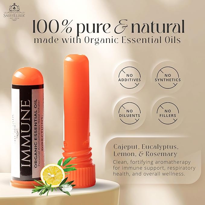 Immune Support Aromatherapy Nasal Inhaler Vapor Stick, Portable Personal Essential Oil Diffuser, USA Made with Organic Essential Oils, Wellness Formula for Immunity Boost