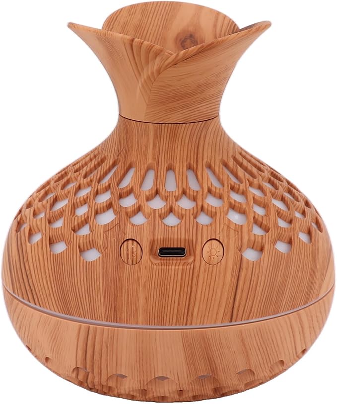 Humidifier , Flower Vase Shape Wood Grain 300ml Aromatherapy Diffuser USB Powered for Bedrooms (Amber)