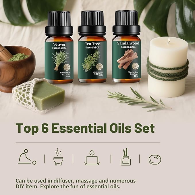 6 Pack Pure Woody Essential Oils Set, Natural Sandalwood, Cedarwood, Tea Tree, Cypress, Frankincense, Vetiver for Aromatherapy Diffuser, Meditation, Candle & Soap Making, 6x10ml