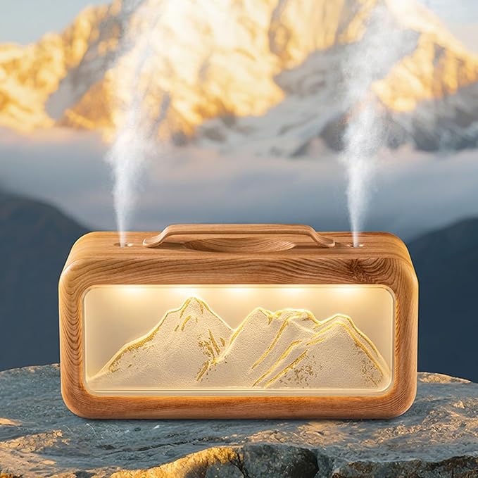 600ML Dual Mist Spray Snow Mountain Essential Oil Diffuser with 3 Modes Night Light USB Desktop Humidifier for Bedroom Home Office