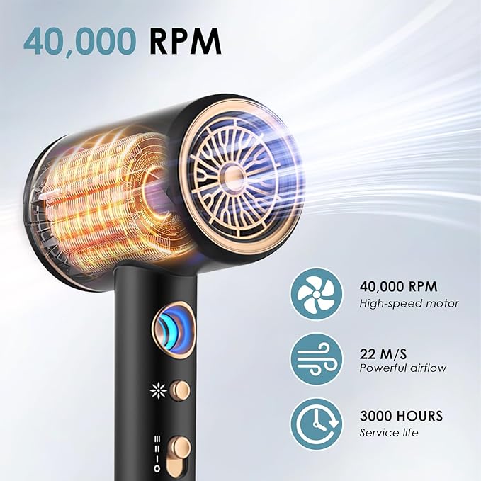 Hair Dryer, Professional Ionic Hair Dryer, Powerful 2200W Fast Drying Low Noise Blow Dryer with 2 Concentrator Nozzle 1 Diffuser Attachments for Women and Men (Black)